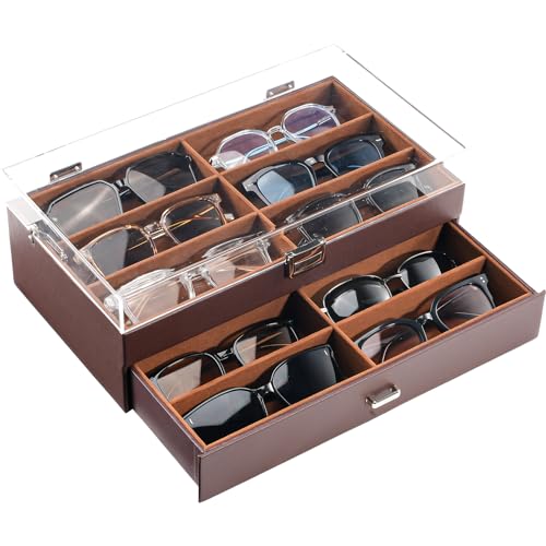 ProCase Sunglasses Case (for 12 pairs), 2-Tier Storage Box for Eyeglasses and Accessories, Acrylic Lid, PU Material, Eyeglass and Jewelry Management,