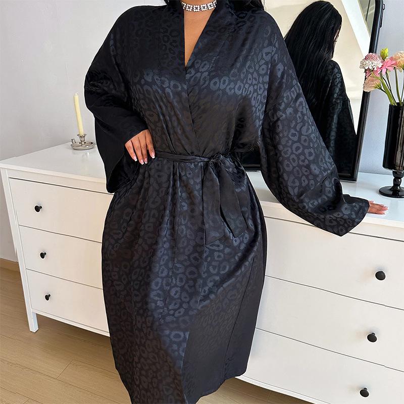 Cross-Border Ice Silk Lace-Up Long Sleeve Printed Bathrobe & Pajama Set