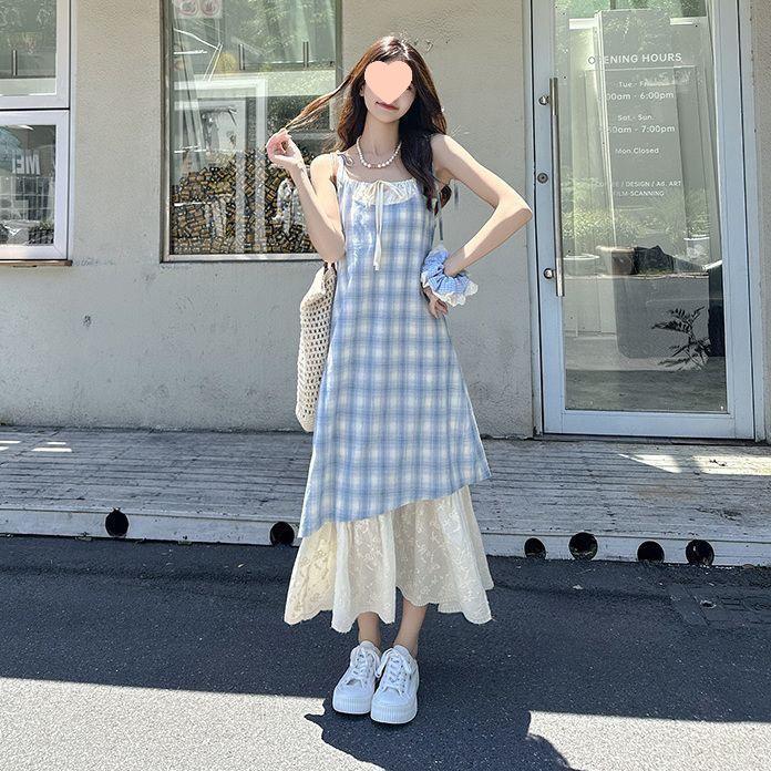 

Lace Patchwork Plaid Sling Dress - Women s Fresh 2026 Summer Loose Fit, Slimming Two-Piece Skirt Design M