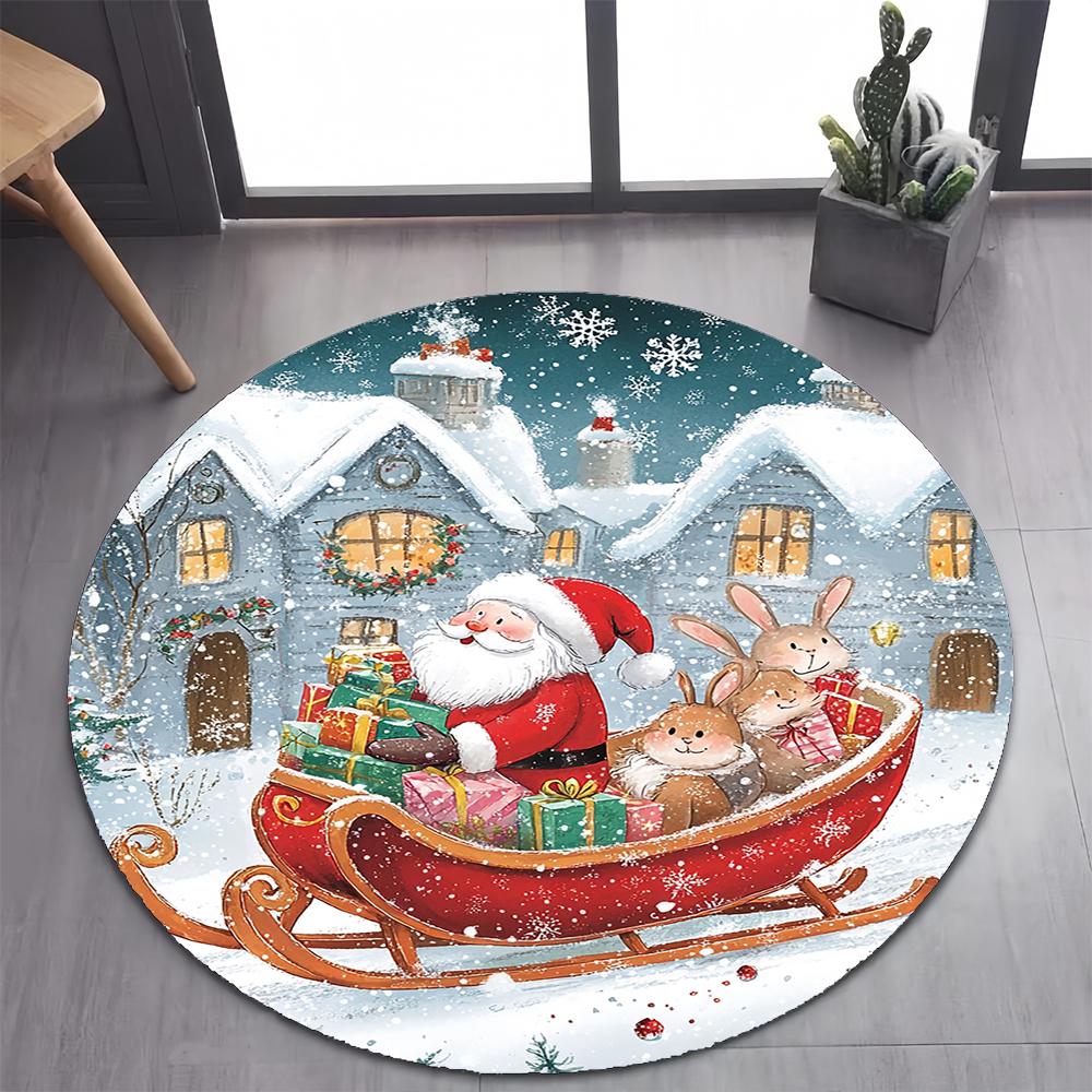 Niedlicher Weihnachtsmann Frohe Weihnachten Baum Cartoon Festival Geschenk Runder Teppich für Schlafzimmer Wohnzimmer Dekoration, Dekor Bodenmatte
