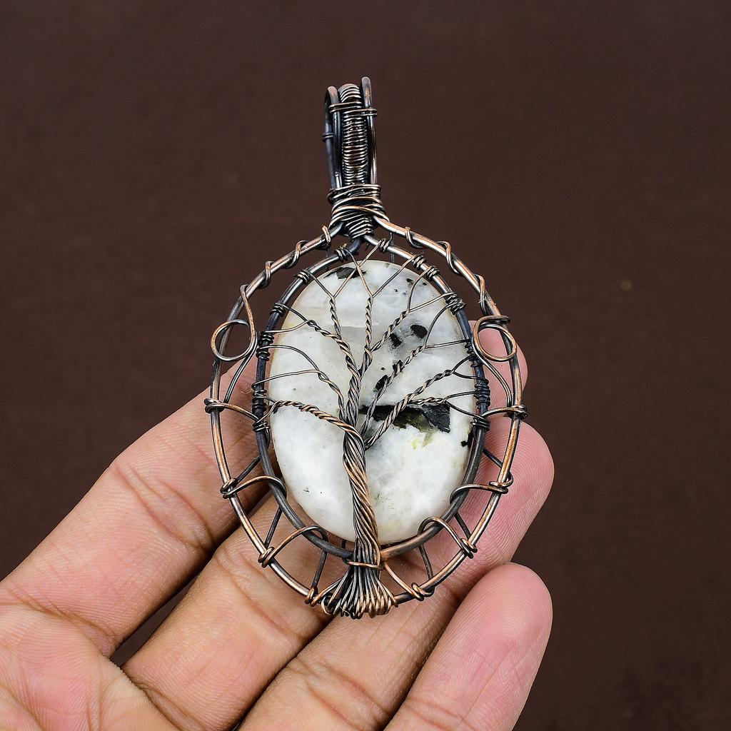 Rainbow Moonstone Copper Wire Wrap Tree Of Life Pendant 3.46" H8j04