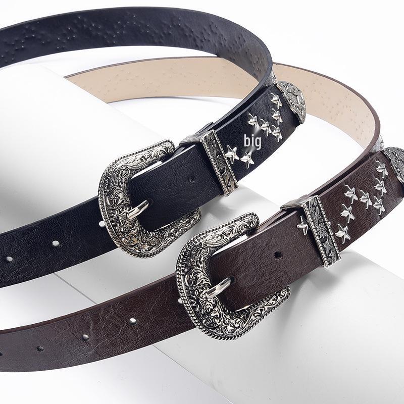 2024 Korean Niche Design Retro Belt: Women's Star-Decorated High-End Brown PU Leather Waist Belt.