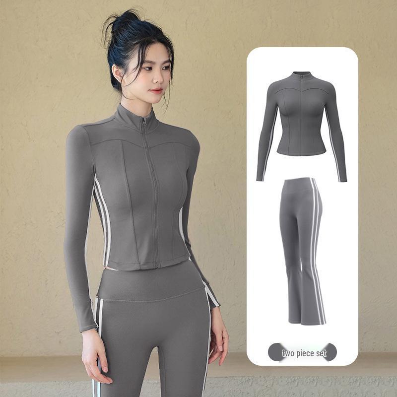 Flared Women's Yoga Pants and Sports Bra Set - Slimming, Striped, Tight-Fit for Running & Exercise