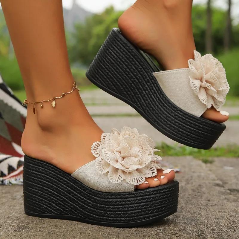 Fashion 2025 Plus Size Ladies Shoes Open Toe Women's Slippers Platform Casual Slippers Women Floral Round Toe Super High Wedges Sandal