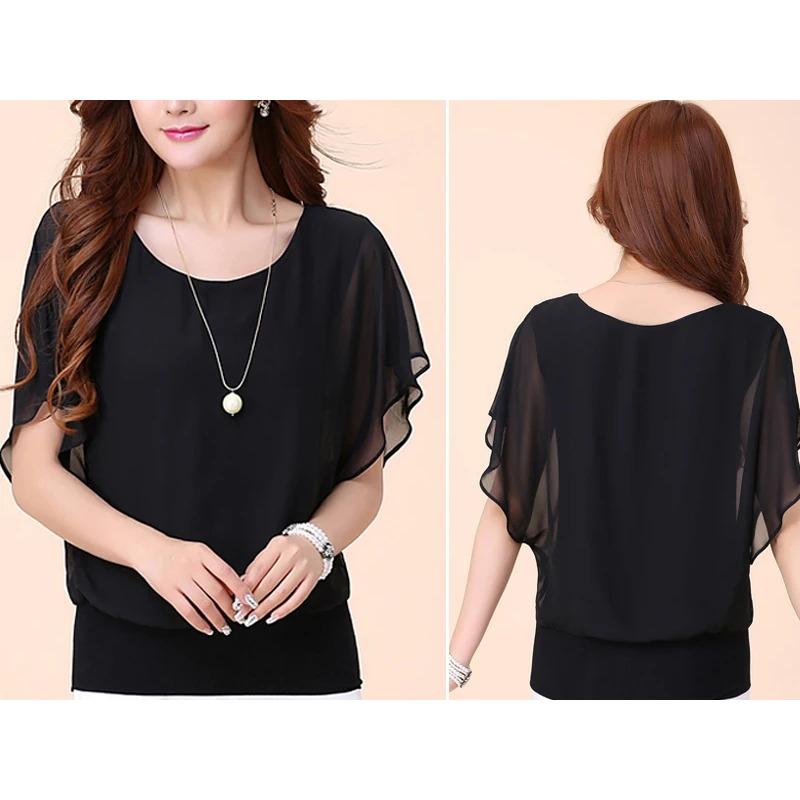Summer Women Blouse Female Short Batwing Sleeve Oversized Loose O Neck Chiffon Shirt Office Lady Elegant Tees