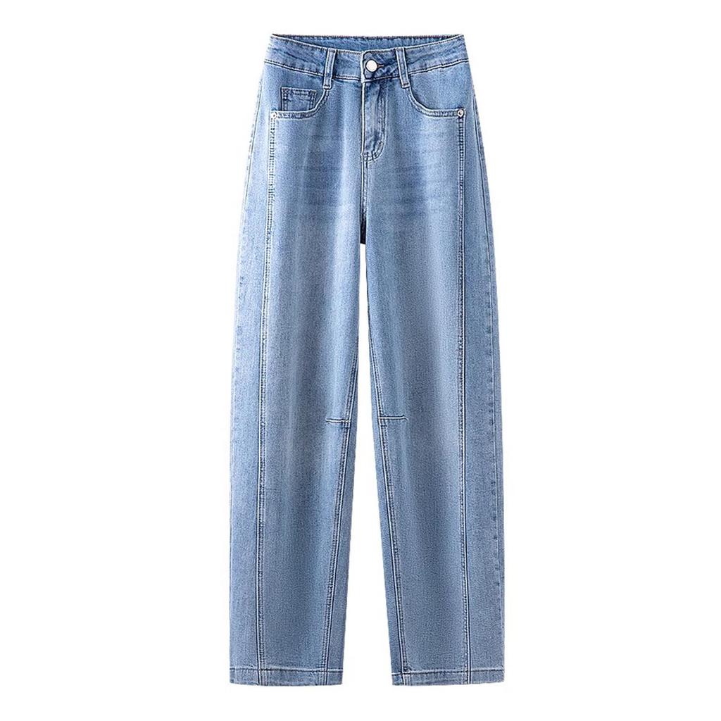 Women's Washed Blue Wide-Leg Jeans - 2025 Spring/Autumn Trendy Scimitar-Cut Loose Slimming Banana Pants