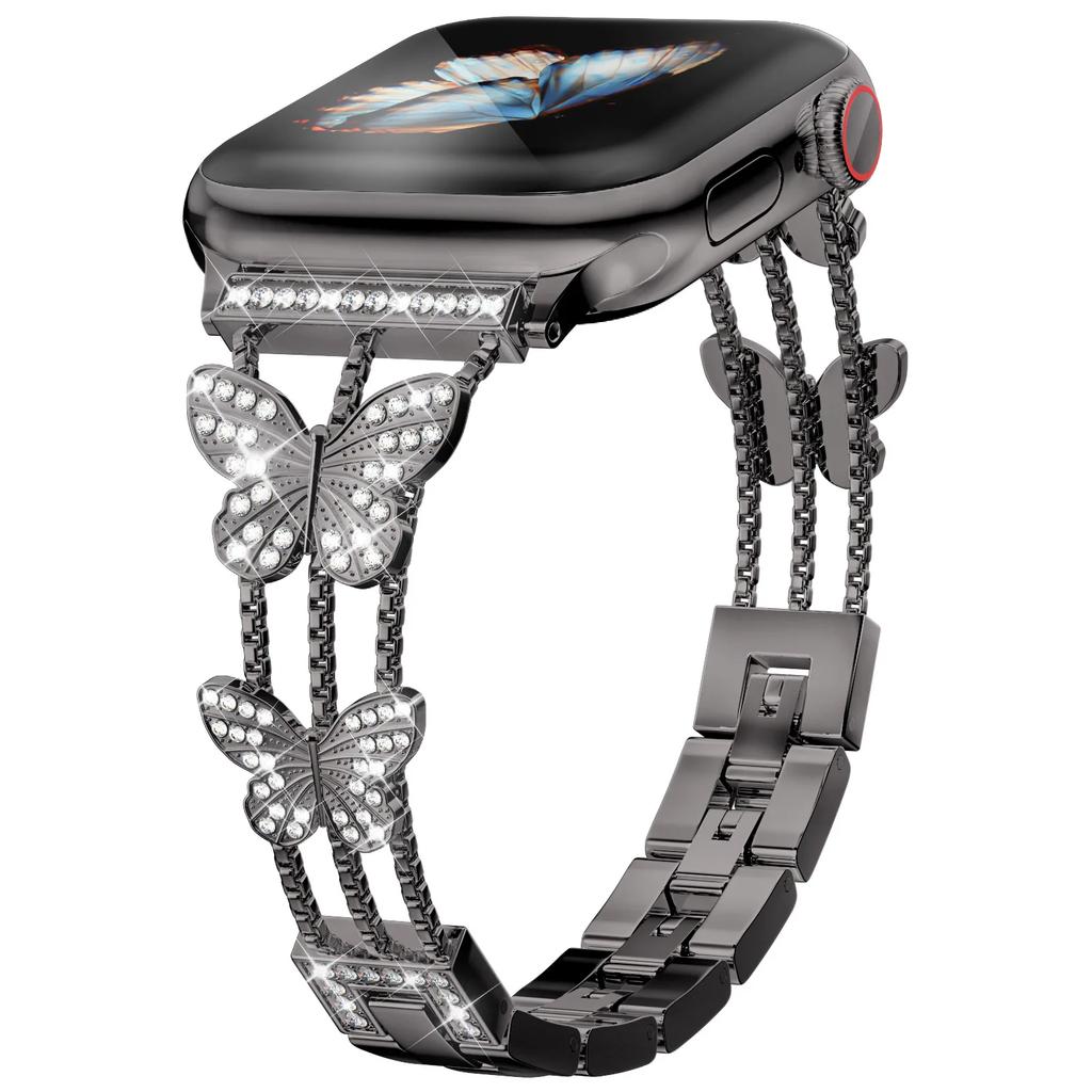 Elegant and fashionable butterfly diamond ladies watch strap for Apple watch, shiny butterfly diamond inlaid metal watch strap