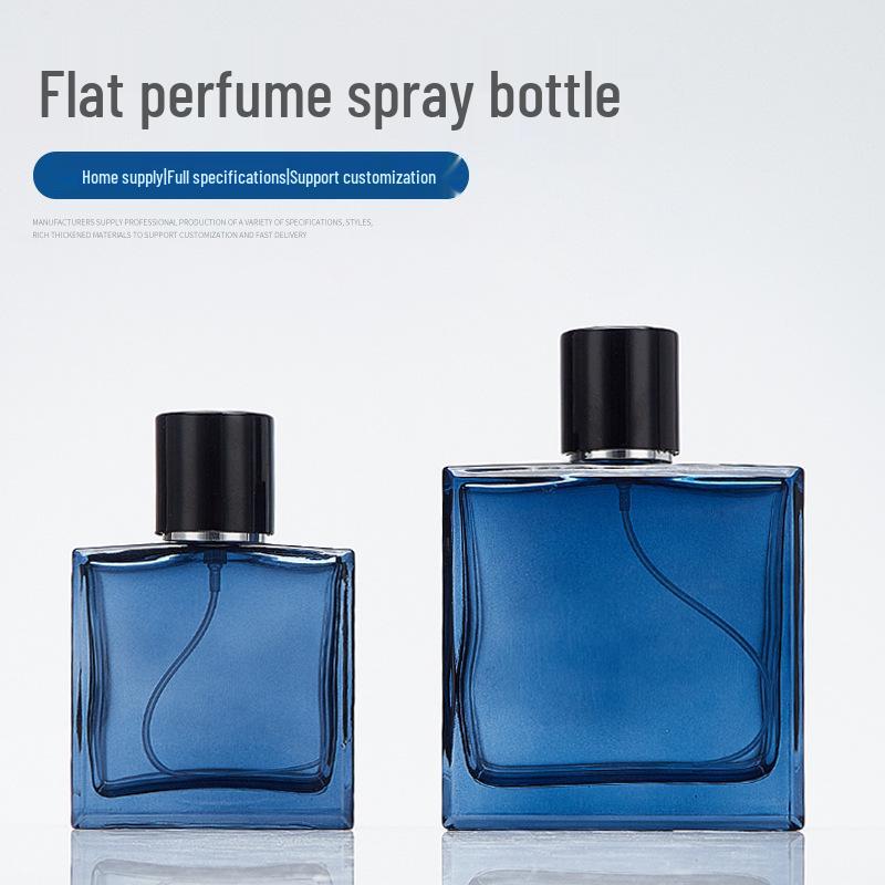 Blue Square Glass Perfume Bottle, 30ml with 50ml Decanting, Cosmetic Press Spray, Transparent, In Stock