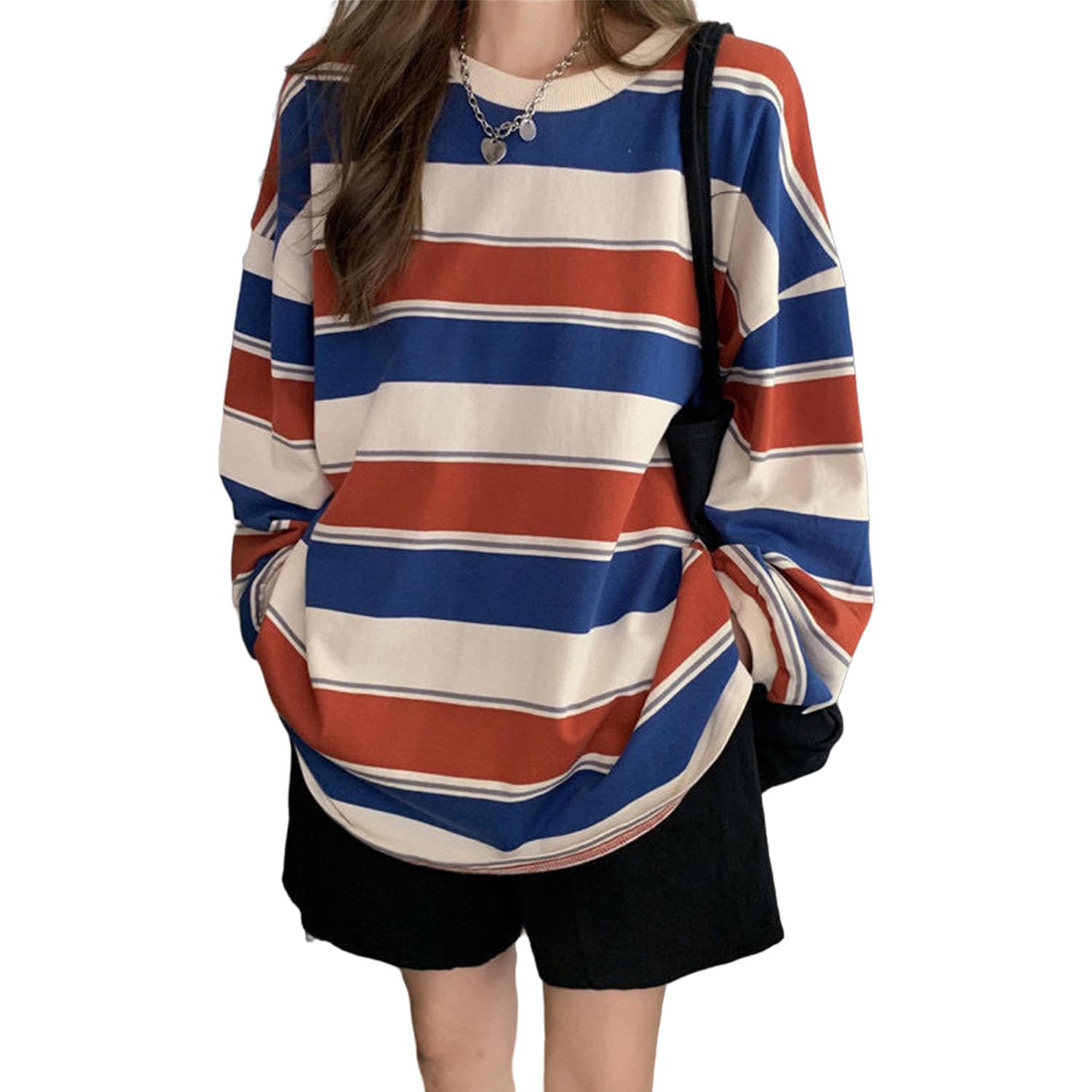 

AUSKY Striped Round Long Solid Plus Sizes Loose Athletic Korean Perfect for Spring Women s Sweatshirt, Pullover, Cotton, Neck, Sleeves, Color,