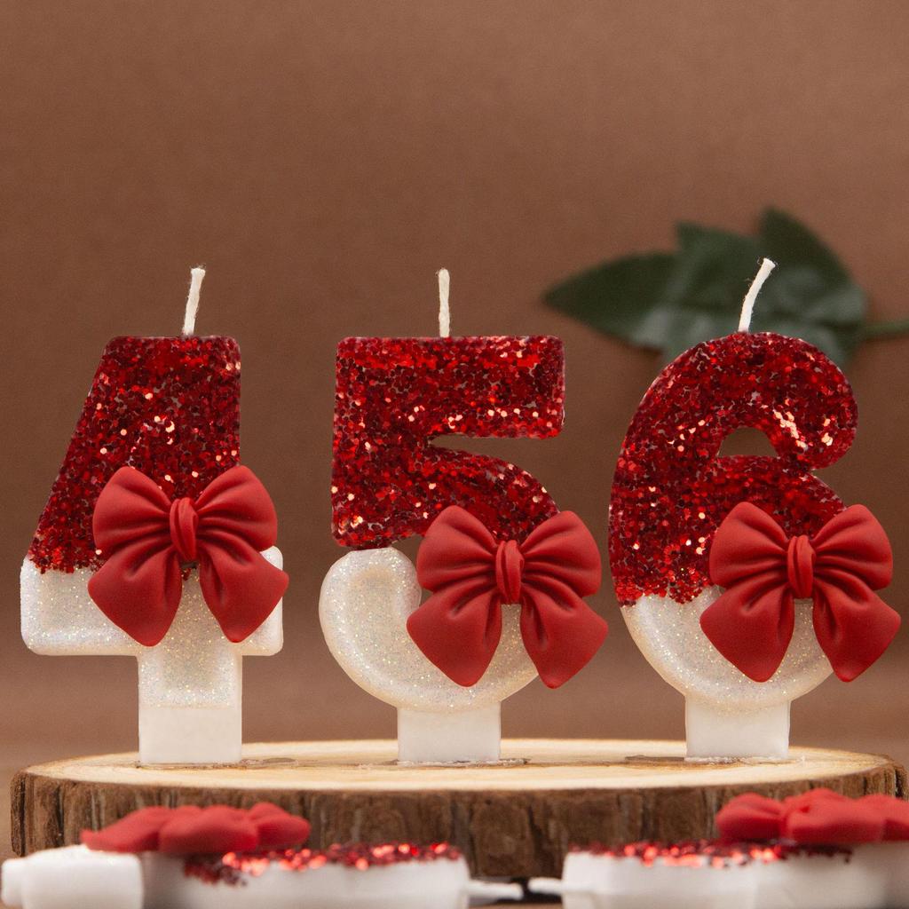 Xi Yin Birthday Number Candles 0-9, Creative Red Bow Design for Cake Decoration