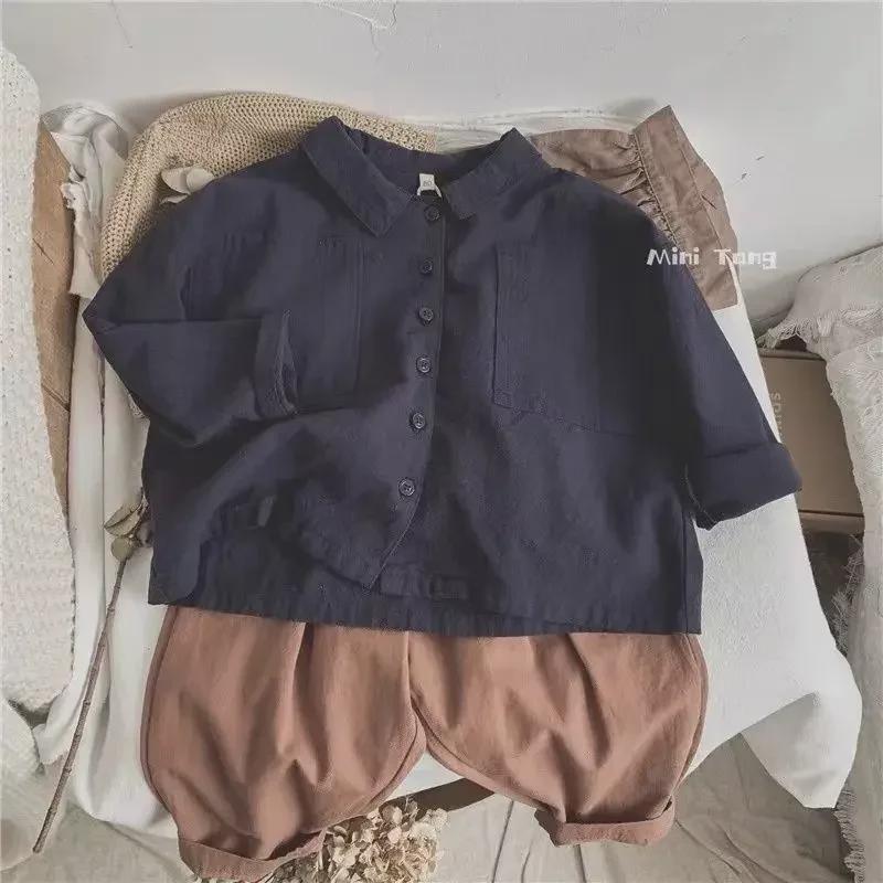 Camisa de manga murciélago estilo japonés retro para niños - Algodón y lino, primavera/otoño, ropa de abrigo para bebé niño