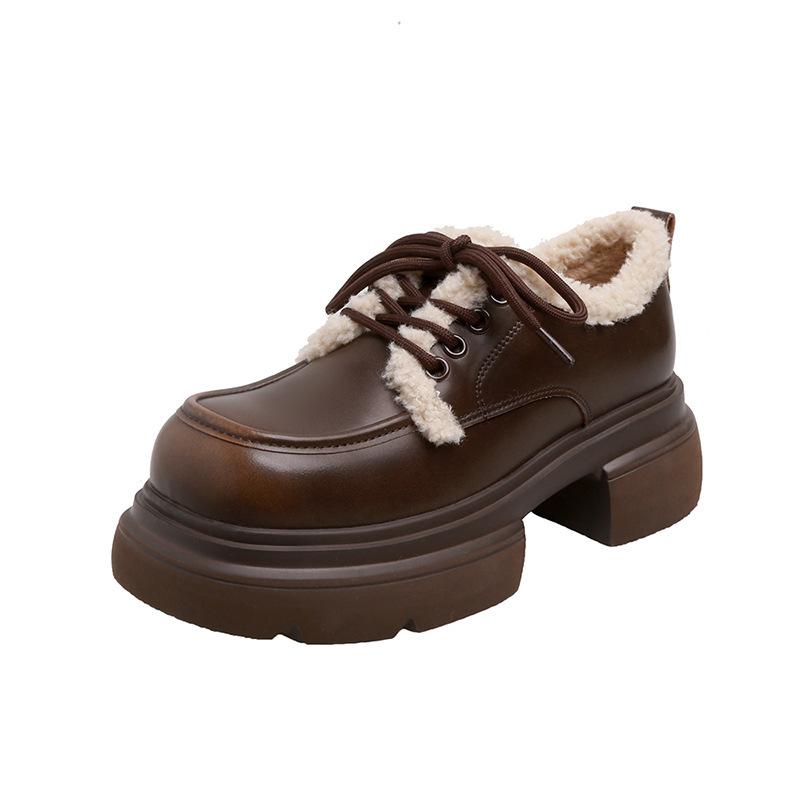 Small Fluffy Shoes Plush Women's Shoes Platform Shoes Lace-up Leather British Casual Small Leather Shoes