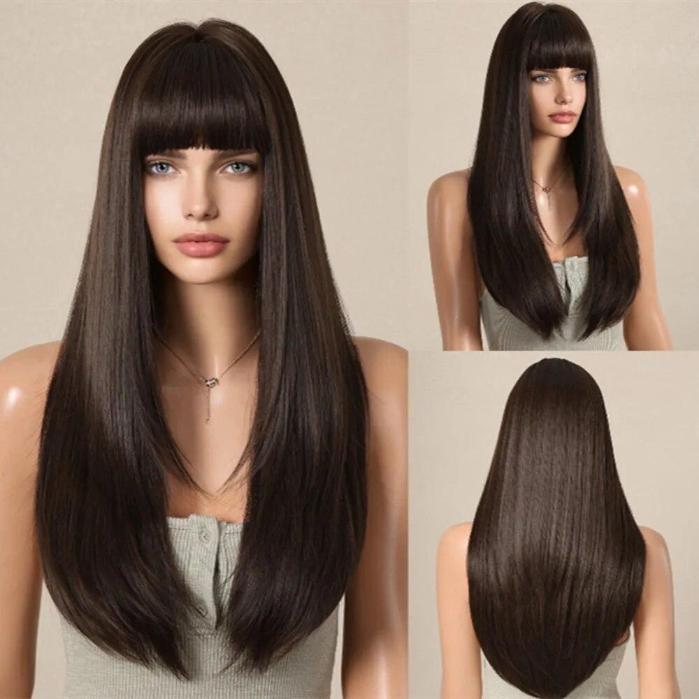

ALAN EATON Dark Brown Synthetic Wigs Long Layered Straight Wig with Bangs Natural Brown Full Wig Heat Resistant Daily Fake Hair