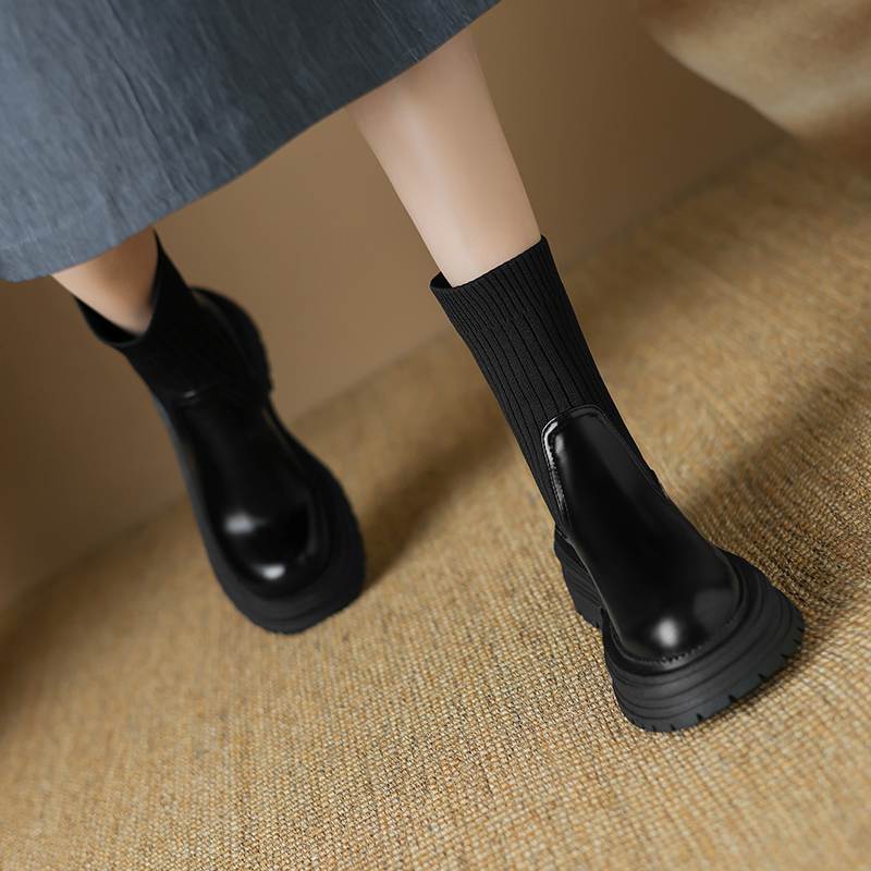 Krazing Pot Microfiber Autumn Winter Shoes Thick High Heels Flat Platform Size 43 Motorcycle Boots Knitwear Non-slip Ankle Boots