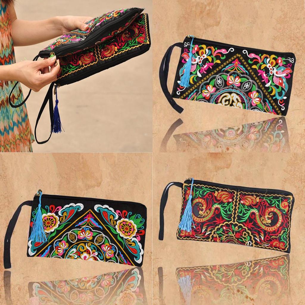 Ethnic Embroidered Long Wallet With Tassel Polyester Fabric Retro Style