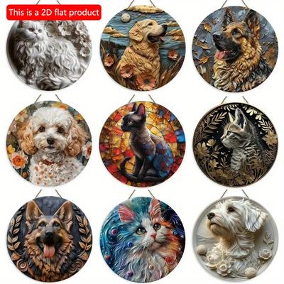 1pc 2d Flat Round Wooden Flat Sign - 20cm, Realistic Painted Art Sign for Dogs and Cats, Office Home, Gift Wall Decoration for Dog and Cat Lovers