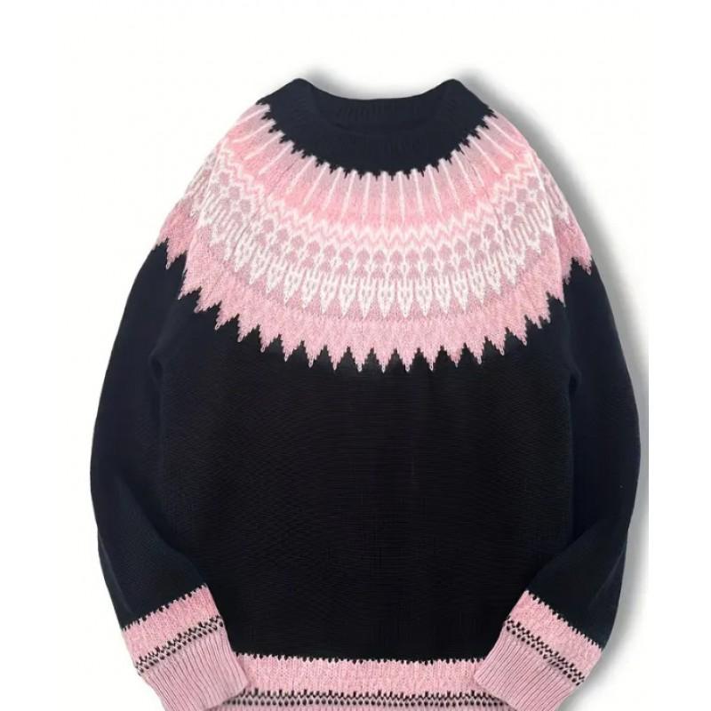 Womens Round Neck Colorblock Loose Knit Sweater Street Style Casual Pullover With Geometric