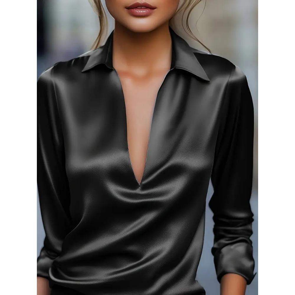 Women's Elegant Solid Color Simple V Neck Long Sleeve Shirt, Casual Office Work Wear Slim Fit Basic Blouse Top