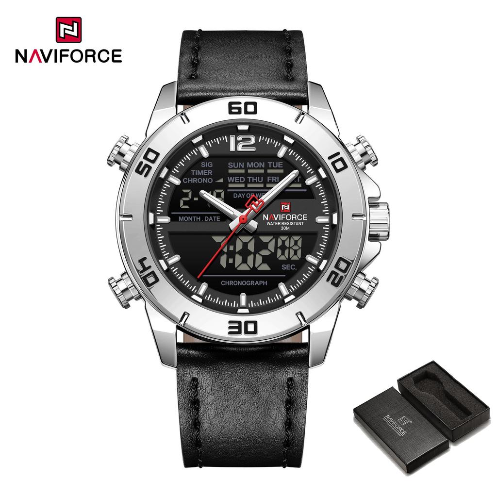 Naviforce Men's Leather Chronograph Quartz Watch Calendar Date 3ATM Waterproof Night Pattern Luminous Pointer Multifunctional Men's Watch NF9253L