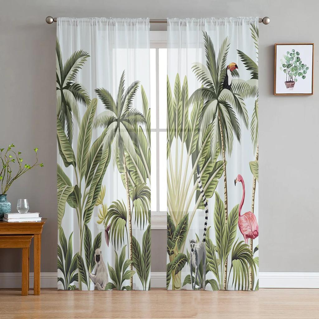 Flamingo Tropical Plant Flower Tulle Curtains Living Room Bedroom Kitchen Window Treatment Chiffon Curtain Blinds Light Filtering Polyester Great
