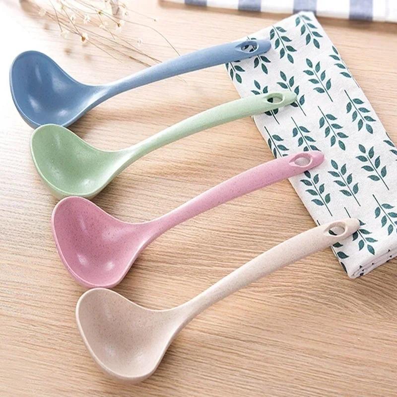 Kitchen Convenience Tableware Wheat Straw Soup Ladle 4 Colors Long Handle Soup Rice Spoon Meal Dinner Scoops Cooking Tools