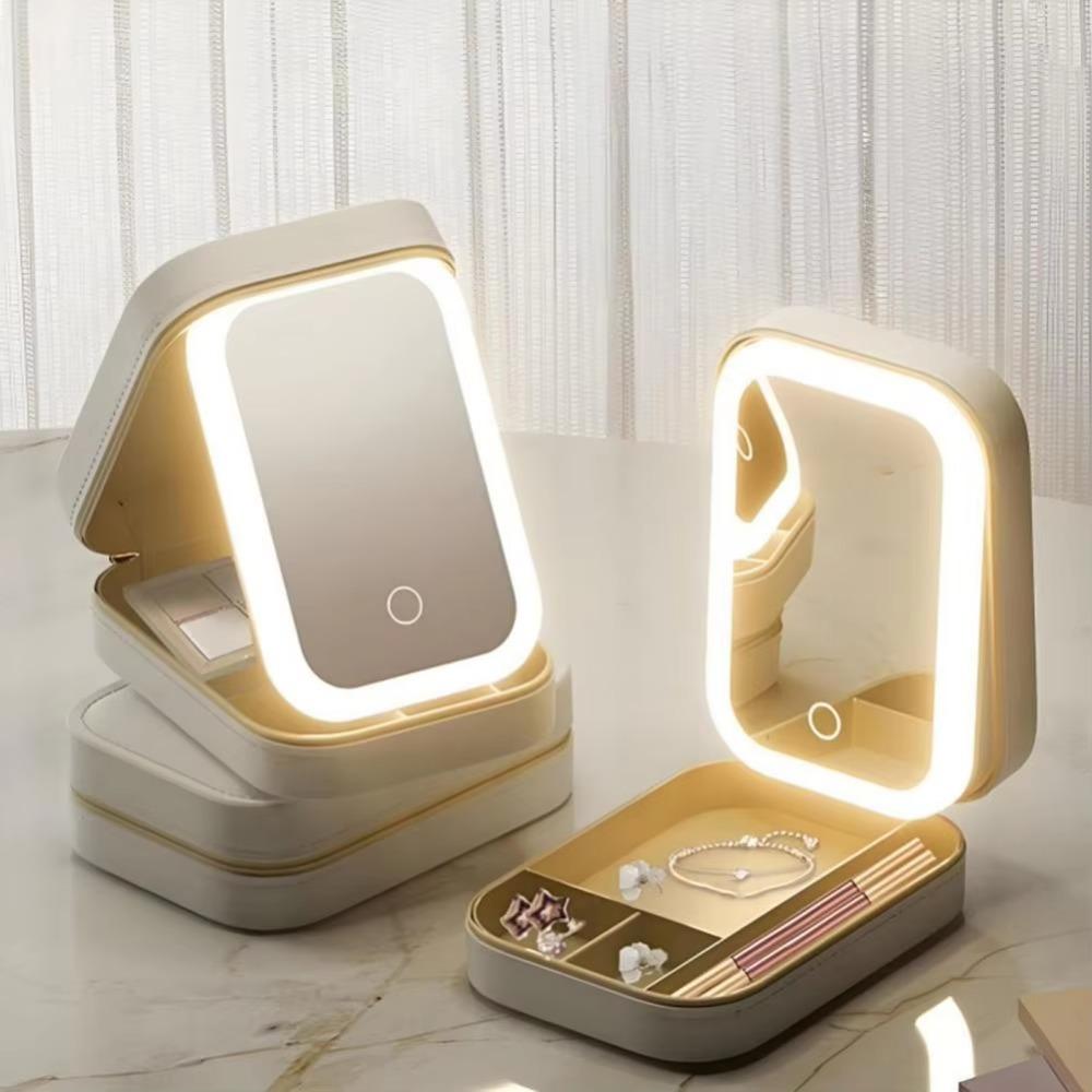 Mini LED Makeup Mirror USB Rechargeable Leather Case Jewelry Case Touch Control 360° Rotation Cosmetic Storage