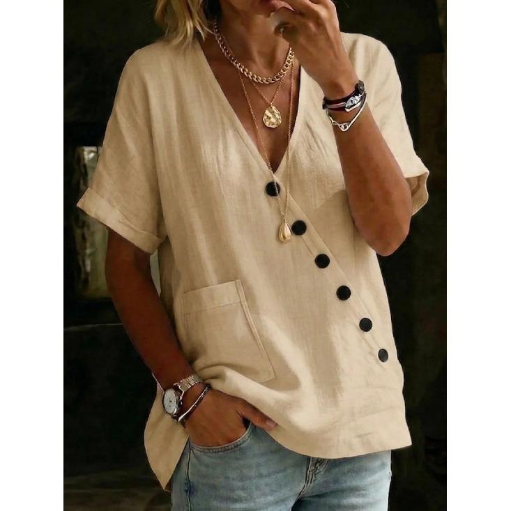 2026 Women's Shirt Top V-neck Solid Color Casual Comfortable Buttoned Cotton Linen Shirt