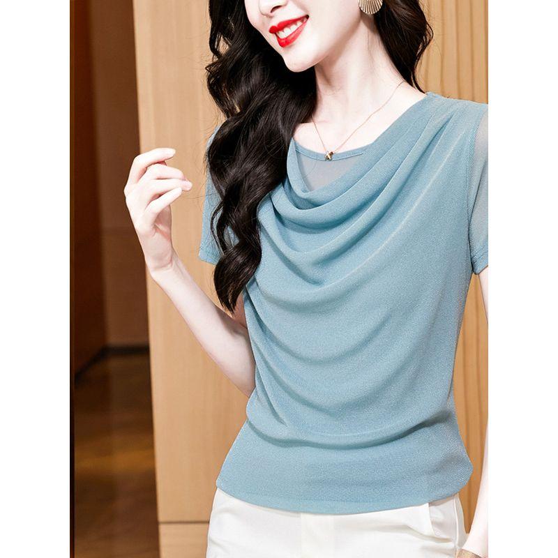 Size Women's Clothing Chubby Girl Summer New Arrival Pure Color Silm Swing Collar Mesh Slimming Short Sleeve T-shirt Easiest for Match 8 Color Women