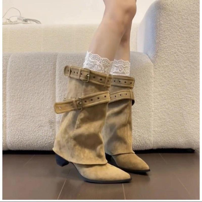 Fashion Pointed Toe Slip on Women Western Ankle Boots Concise Square Heels Shoes Laides Belt Buckle Short Booties