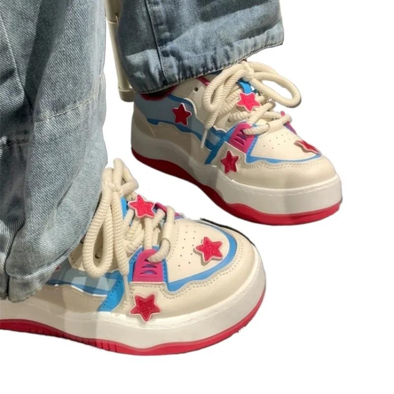 Fashion Wome 2024 Spring New Star Thick Bottom Leather Vulcanize Shoe Platform Sports Shoe Casual Sneakers Women's Footwear Plus Size 40