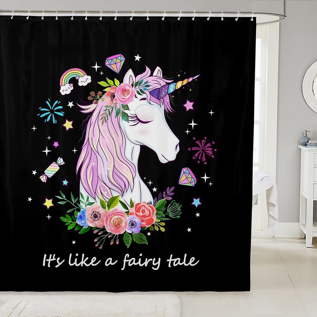Gradient Purple Shower Curtain, Rainbow Unicorn Bath  Glitter Stars, Waterproof Curtains, Dreaming Cartoon Bathroom Deco
