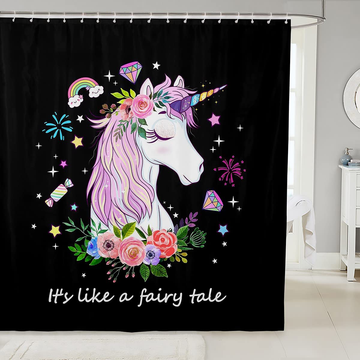 

Градиентная фиолетовая шторка для душа, Радужный единорог для ванны, Блестящие звезды, Водонепроницаемые шторки, Мечтательный мультяшный декор для ванной W90xH180cm
