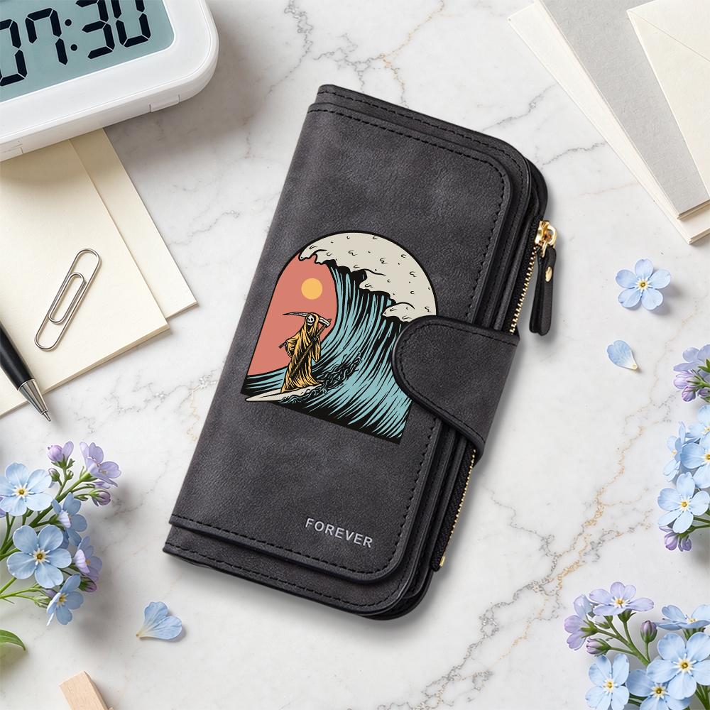 Grim Reaper Surf Pattern Long Wallet Fashion Casual Large Capacity Daily Use Card Holder Purse