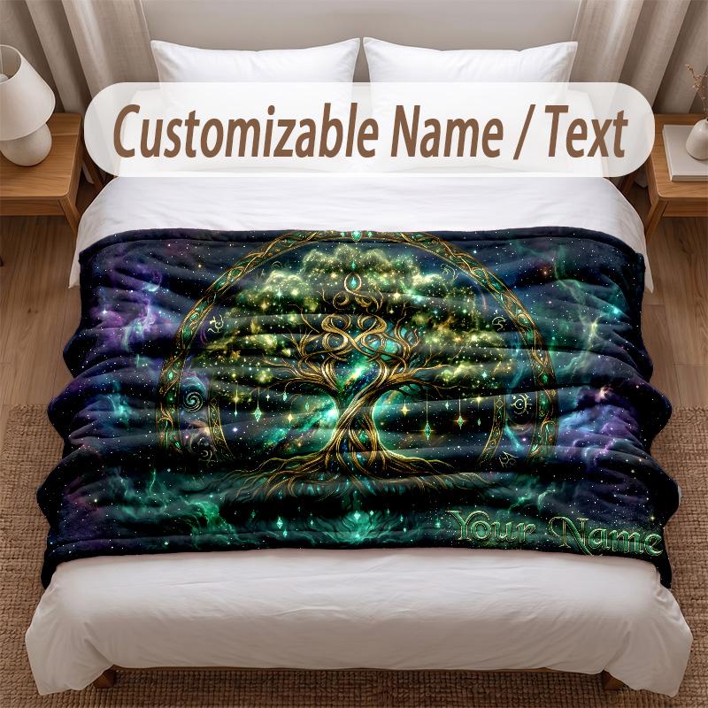 Pătură moale cu tematica Arborele Vieții Personalizată cu Numele Clientului Text Imprimat Pătură Caldă Decor pentru Casă Canapea Dormitor