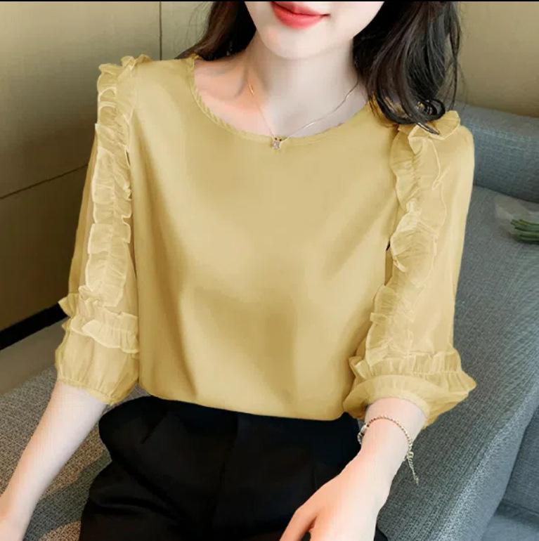 

Шифоновая блузка с коротким рукавом класса люкс - Модный летний тренд 2024 года для женщин M жёлтый