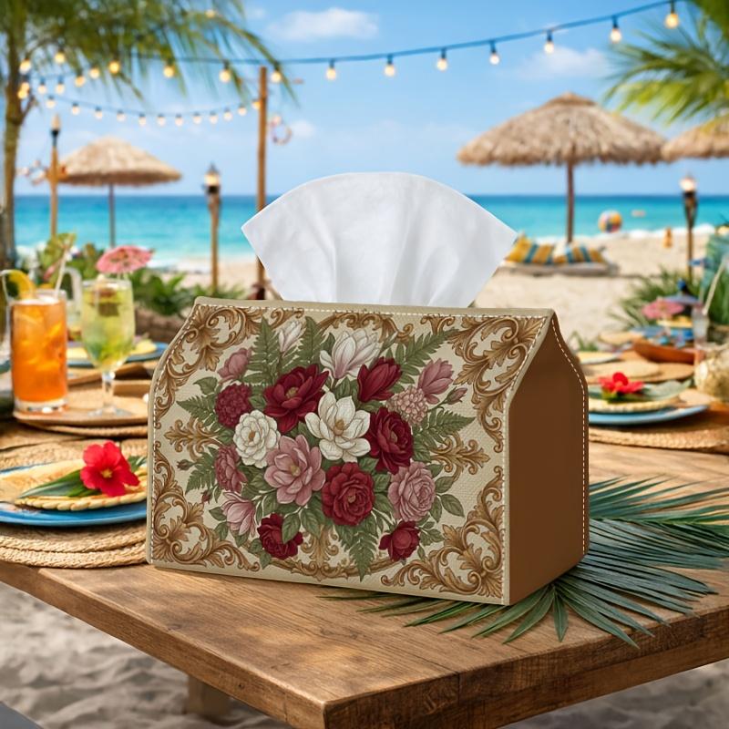 1pc Vintage Baroque Botanical Tissue Box - Rose Peony Frame Napkin Storage Box, Suitable for Rolls/facial Tissues/single Sheets,Two Sizes Available Fo
