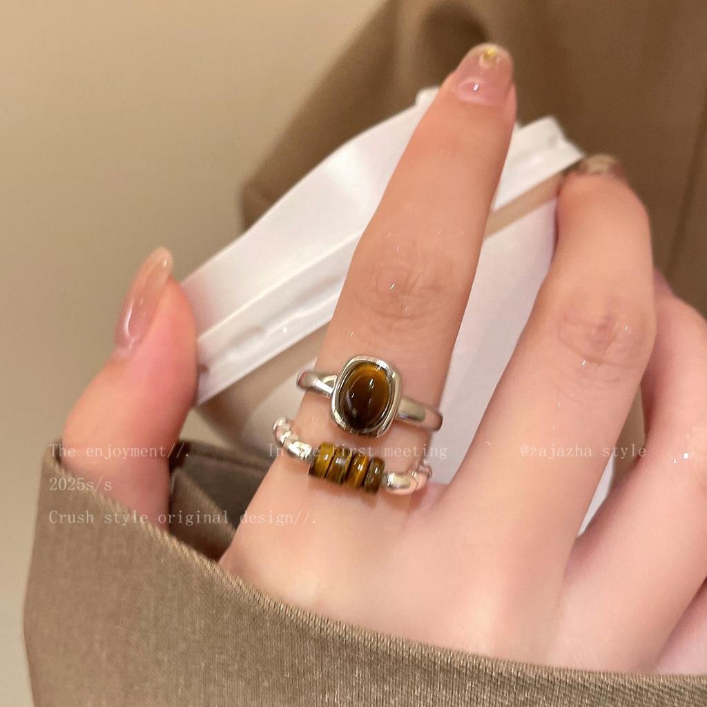 Retro Malachitowe Oko Tygrysa Posrebrzany Pierścionek Stackable dla Kobiet - Modny Dodatek na Palec Wskazujący