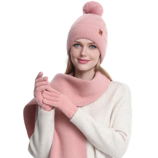 Yousheng 3Pcs/Set Women Hat Scarf Gloves Set Double-Layer Velvet Plush Ball Hat Cold Protection Scarf Touchscreen Gloves Set Ski Cycling Gear