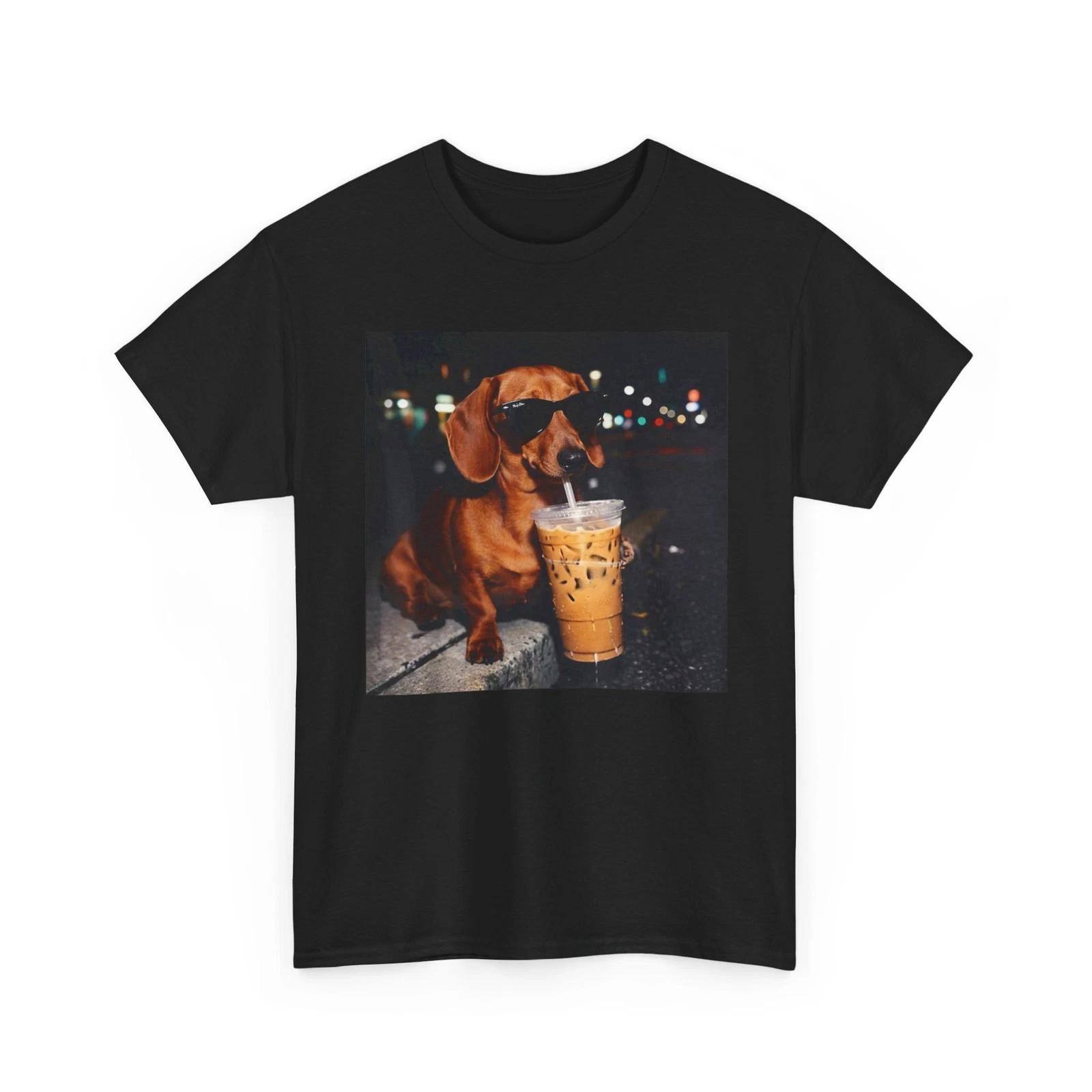 Dachshund Drinking Iced Coffee Shirt, Dogs Lovers Humor Funny T-Shirt L