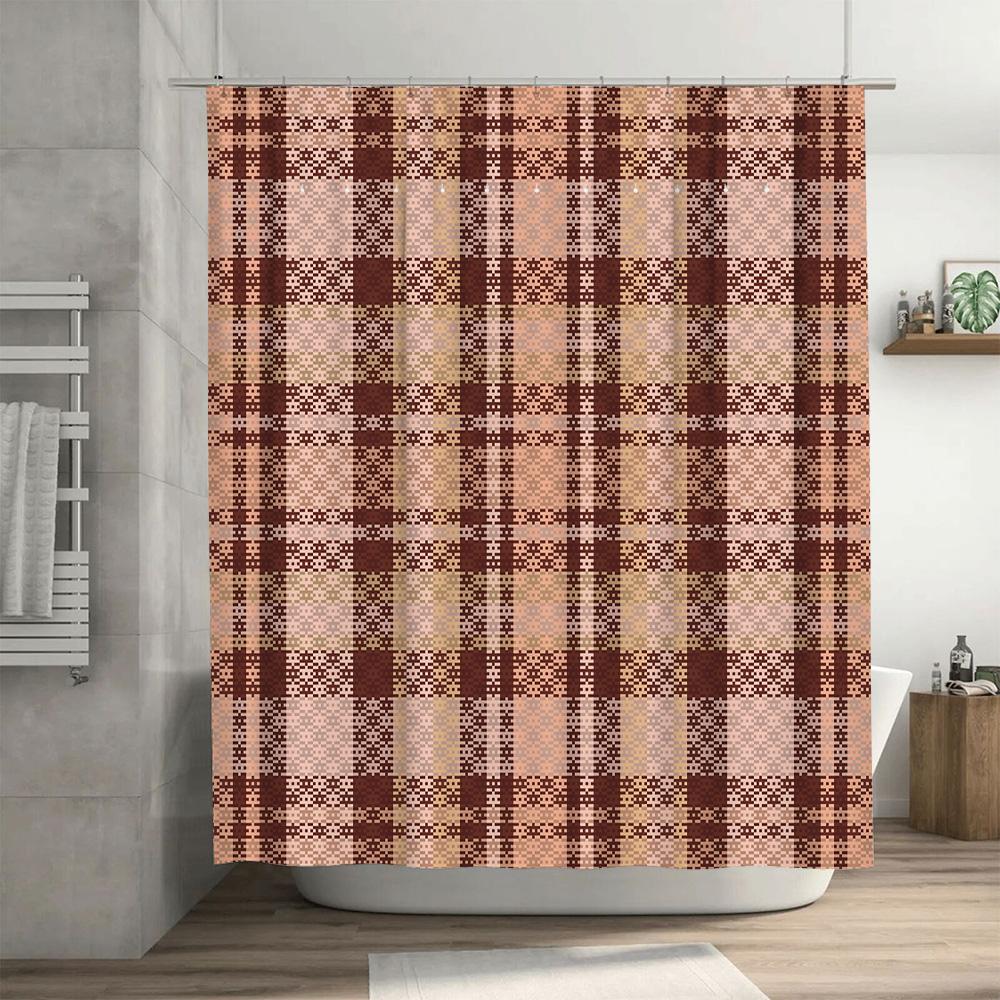 Modern Plaid Shower Curtain Waterproof Fabric, Bath Decoration With Hook Set For Home Bathroom Accessories In Red/Gold/Yellow Ch
