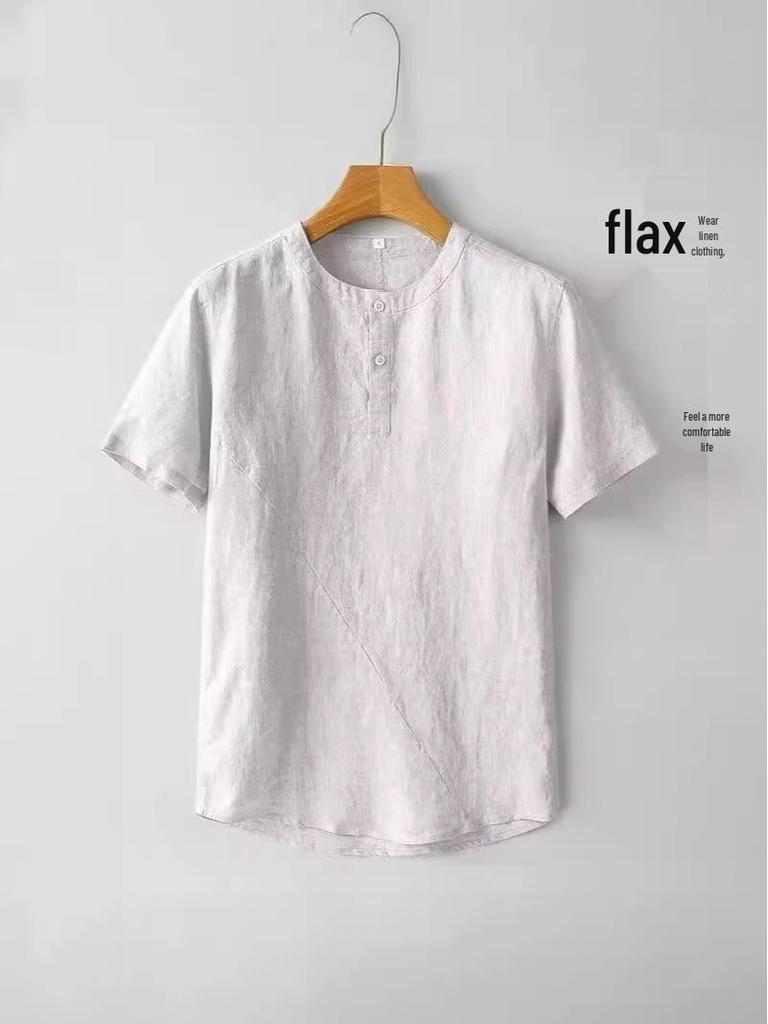 Men's Chinese Style Cotton Linen Short Sleeve Crew Neck T-Shirt - Lightweight, Loose Fit, Summer Top