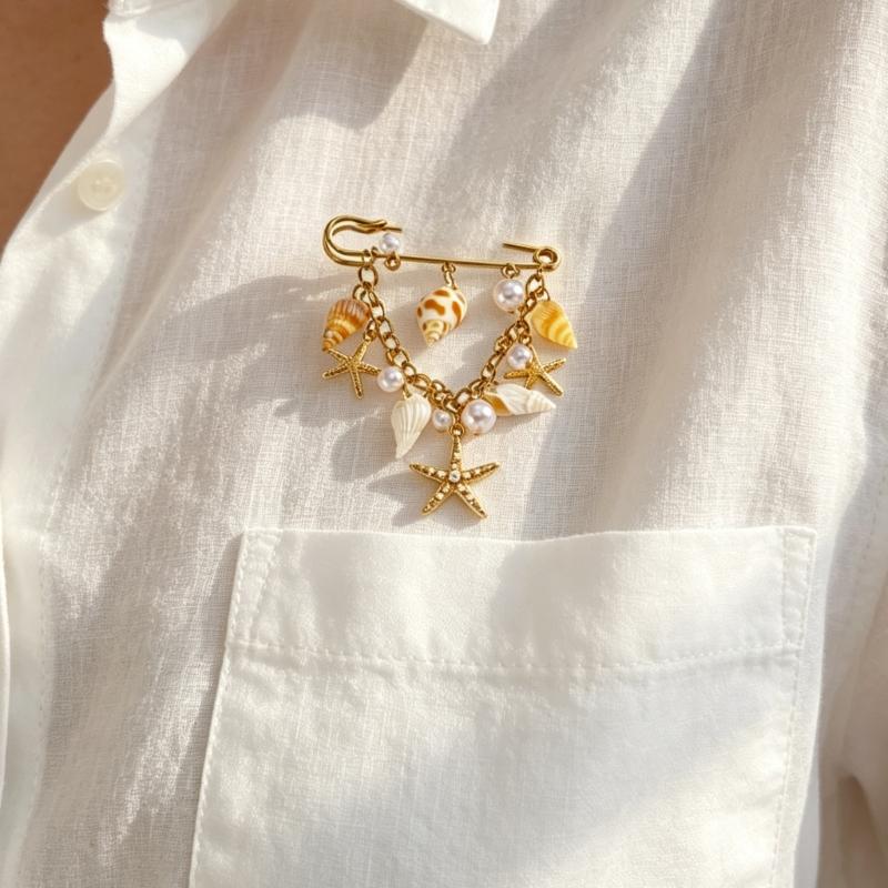 Lovely Beach Themed Alloy Brooch Featuring Shell And Starfish Decorative Chain Chest Flower For Casual Wear