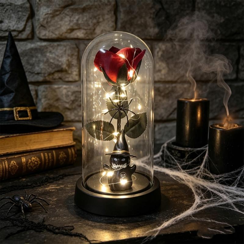 Halloween Rose Accent Light, Cloche Glass Cover with Warm String Lights for Window Ledges and Entry Tables at 