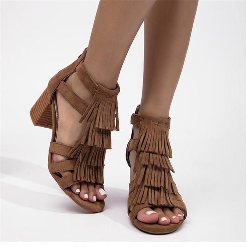High Quality Women's Shoes Fashion Tassels Hollow Ladies High Heel Sandals Open Toe Ladies Shoes Comfort Rome Women Sandals 42