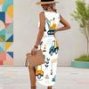 Women Plus Size White Sleeveless U Neck Cartoon Printed Long Dress High Side Slit Curved Hem
