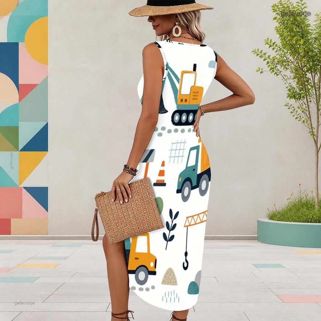 Women Plus Size White Sleeveless U Neck Cartoon Printed Long Dress High Side Slit Curved Hem
