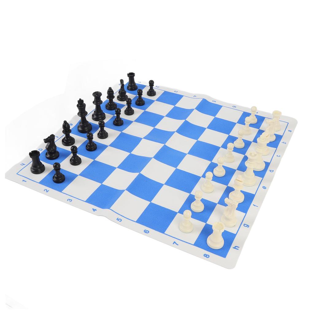 Tischschachspiel 75mm Höhe Künstlicher PU-Samt 42cm Blau und Weiß Schachbrettspiel für