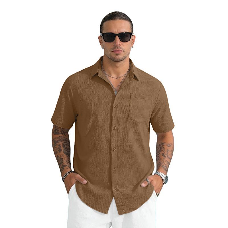 Men's Solid Color Stand Collar Short Sleeve Beach Shirt Loose Casual Cardigan.