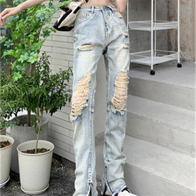 Spring 2022 Womens High Waist Chic Retro Ripped Women's Wide Leg Jeans Baggy Woman Denim Capris Pants Jean Mom Jeans Trousers