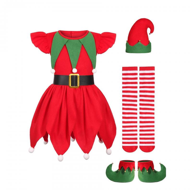 Christmas Party Elf Costume for Kids Girls Performance Cosplay Outfit
